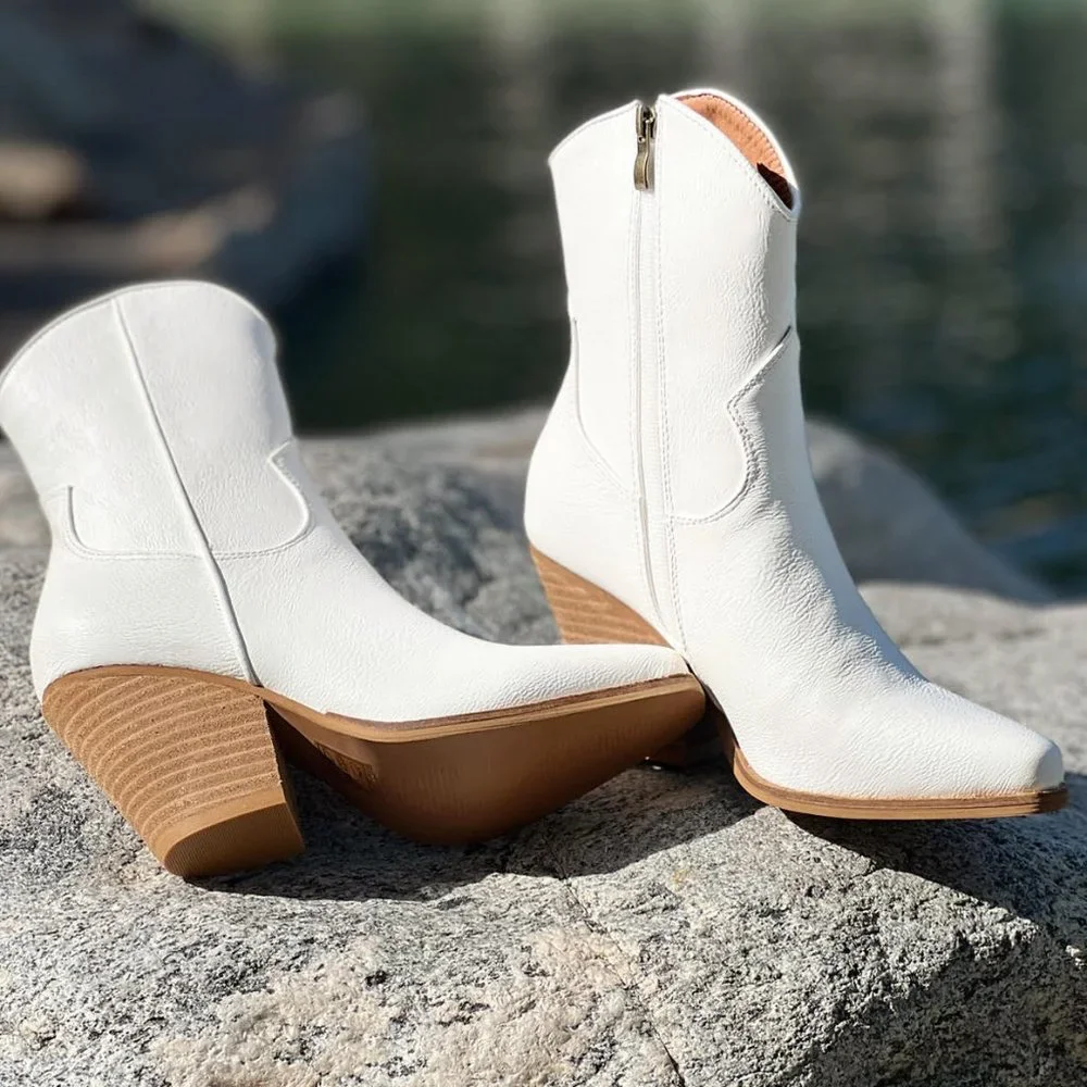NEW Pointy Toe Stack Block Heel Western Curved Mid Ankle Booties Boots Off White - Picture 11 of 13